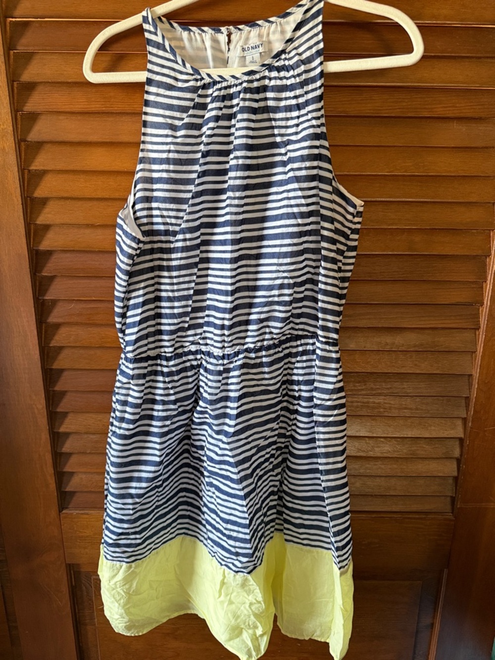 Old Navy woman’s Navy Stripe Halter Dress with Yellow Hem